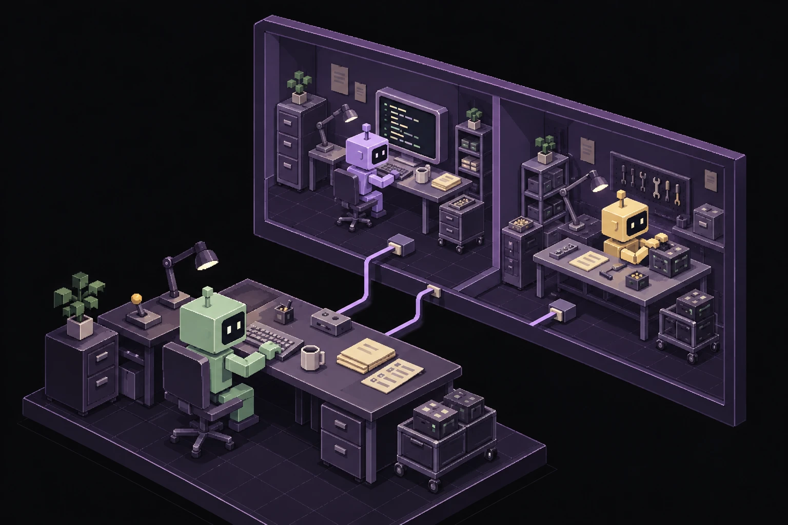 A sage owner at a desk directs two smaller workstations through separate connections: a lavender analysis worker and an amber test worker. Completed contributions and the publication control stay with the owner.