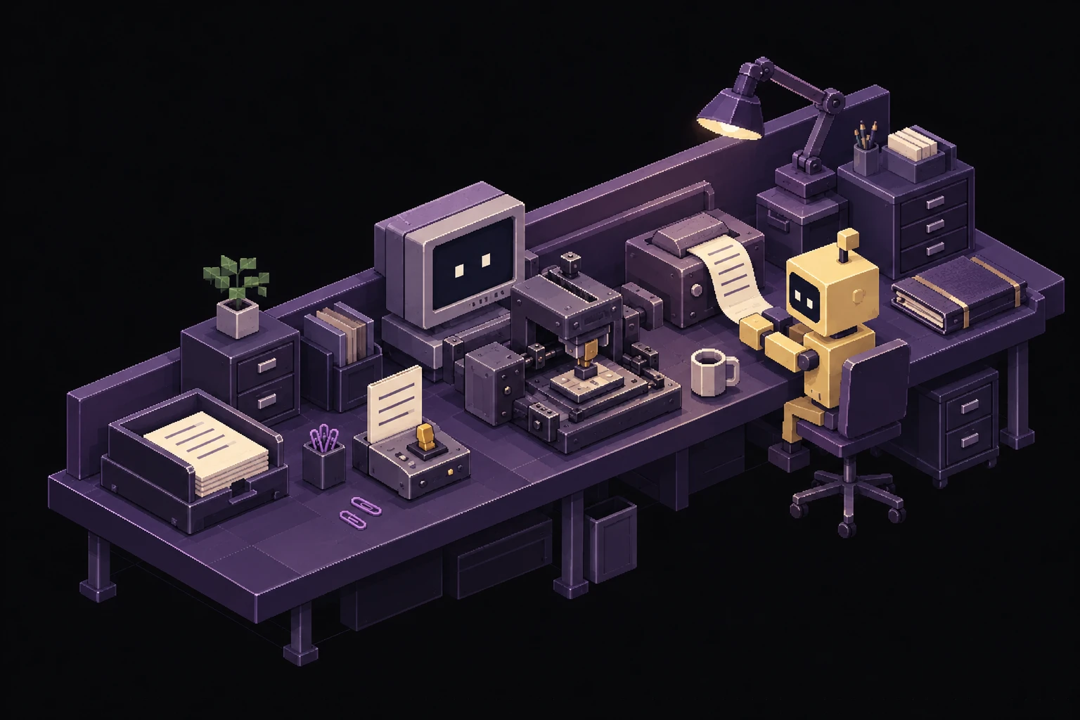 A detailed pixel execution bench: an incoming request and rule card precede a small tool, while a receipt printer and bound records sit after it. An amber operator can inspect each stage.