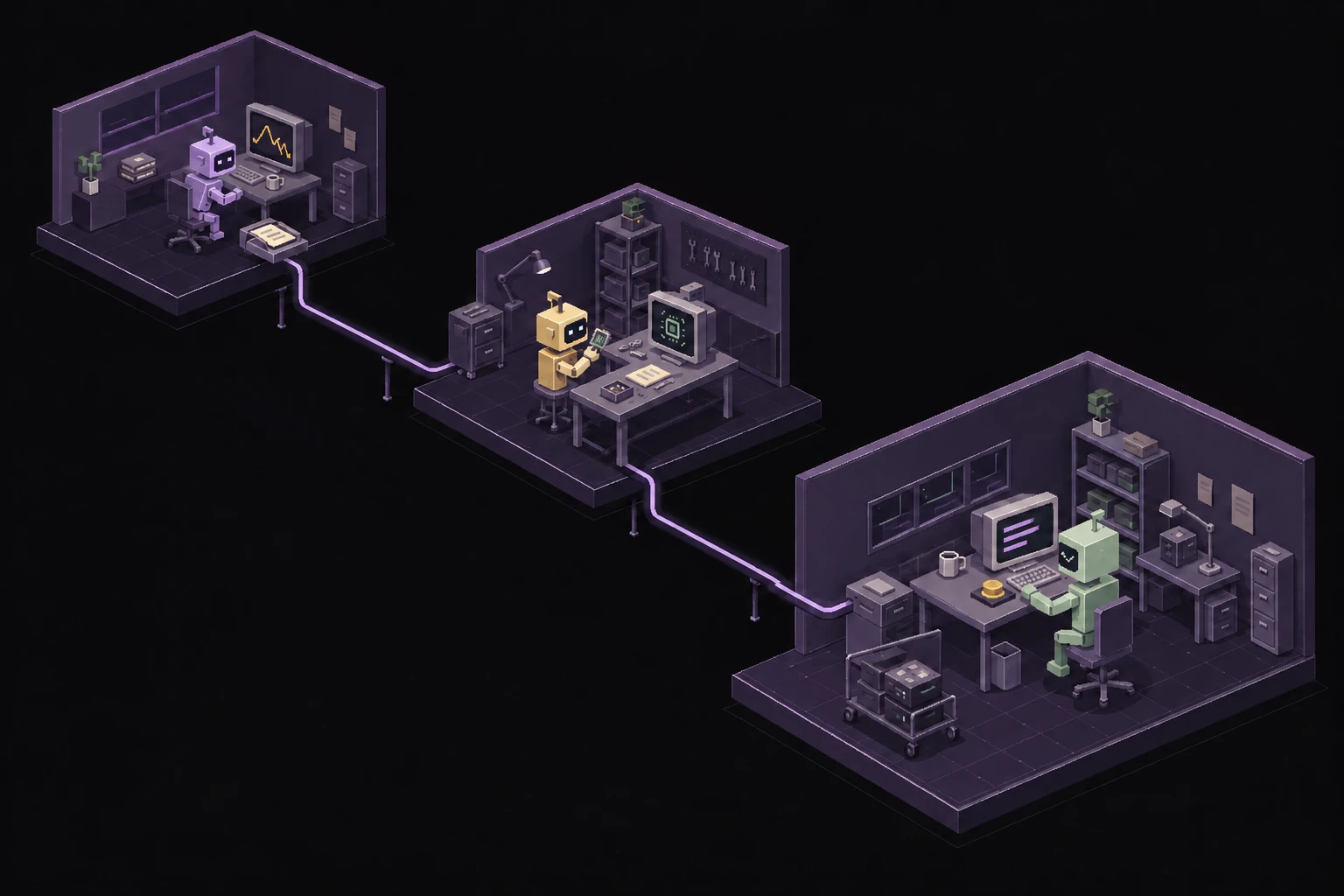 Three independent pixel workshops: a lavender customer shares a trace with an amber specialist; a sage provider keeps its own tools and approval switch. Only selected work crosses the connecting cables.