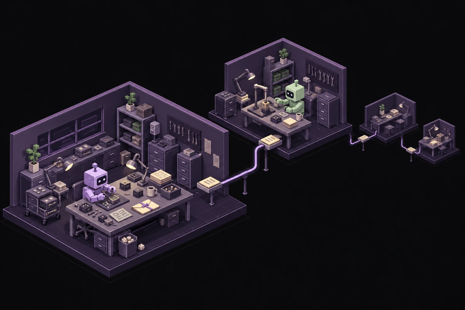 A lavender investigator packages one finding among drafts and discarded attempts. Across a cable, a sage buyer tests it at a different workbench; smaller workshops suggest further reuse.