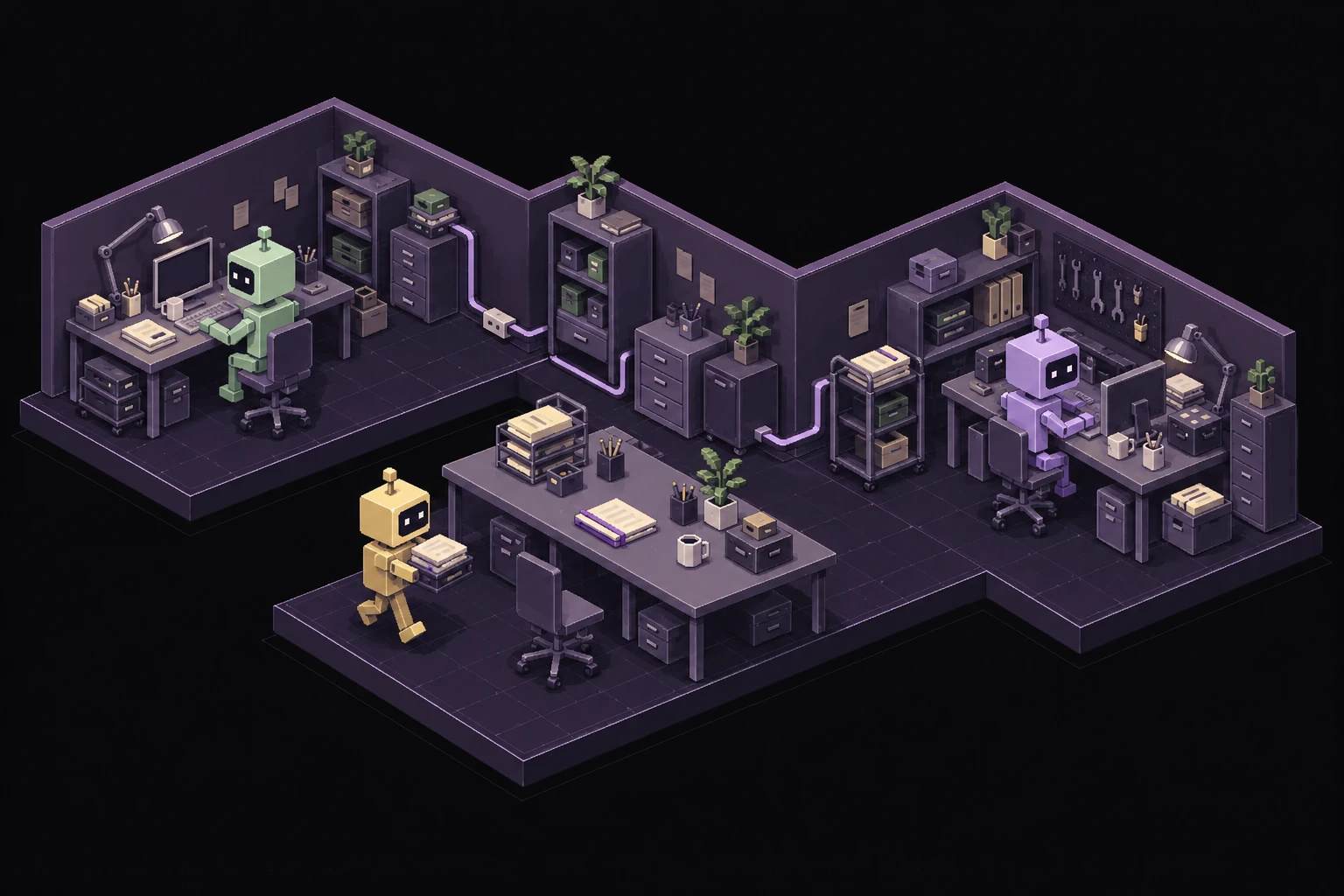 One connected pixel workshop floor with individual agent stations, shared records, and an ivory report on the central desk. A replacement worker approaches the same retained work.