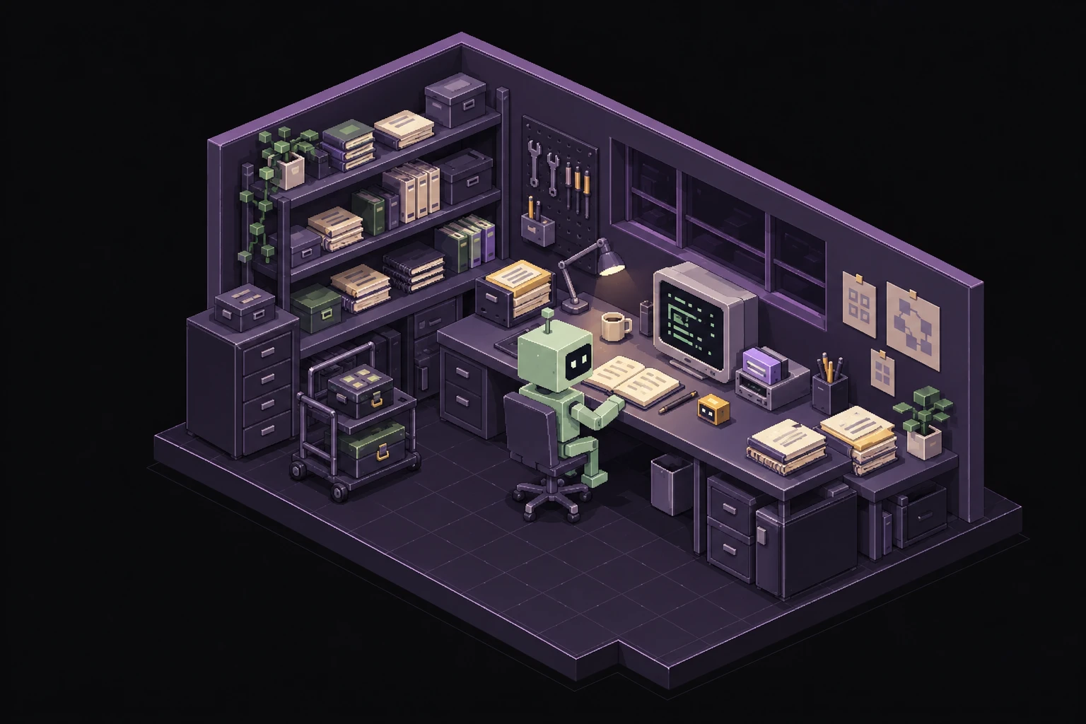 A sage agent in a personal pixel workshop surrounded by retained notebooks, project folders, tools, and a small replaceable compute cartridge. The model is one part of a much richer owned environment.