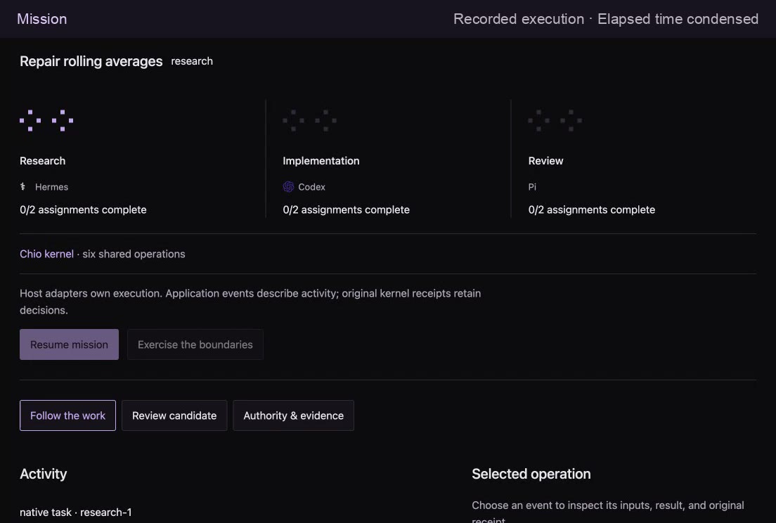 Recorded local console showing research, implementation, and review assignments with mission controls